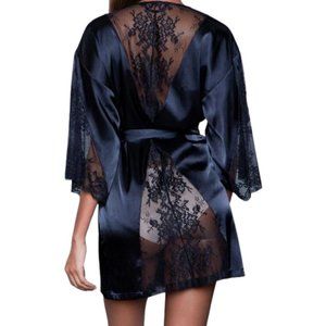 NWT Sexy Lace Cutout Black Satin Short Robe